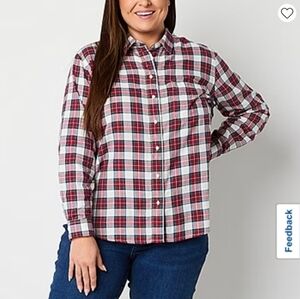 NWT St. John's Bay Red White Plaid Womens Long Sleeve Shirt XL XLP